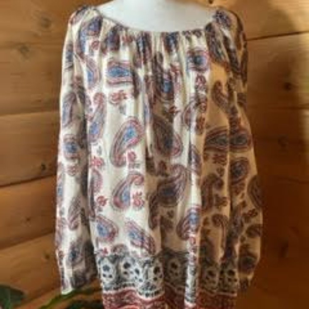 Chap's paisley blouse, L, tan with blues and reds